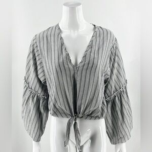 Gray White Striped Bell Sleeve Tie Front Blouse